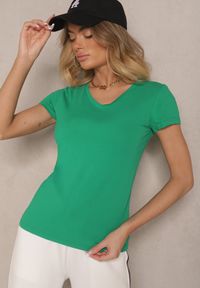 Renee - Ciemnozielony Bawełniany T-shirt z Dekoltem w Serek Tarilne. Okazja: na co dzień. Typ kołnierza: dekolt w serek. Kolor: zielony. Materiał: bawełna. Styl: sportowy, casual #4