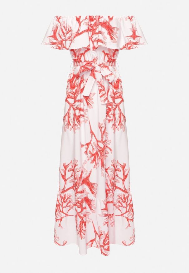 Born2be - Czerwono-Biała Sukienka Hiszpanka o Rozkloszowanym Kroju z Wiązanym Paskiem Sesiniela. Okazja: na co dzień. Typ kołnierza: dekolt hiszpanka. Kolor: czerwony. Typ sukienki: rozkloszowane. Styl: casual, elegancki