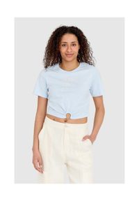 Guess - GUESS Niebieski t-shirt damski cropped fit piercing, Rozmiar M. Kolor: niebieski. Materiał: bawełna #1