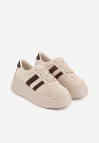 Renee - Beżowe Sneakersy na Platformie ze Skóry Naturalnej Ozdobione Paskami Sovimi. Okazja: na co dzień. Zapięcie: pasek. Kolor: beżowy. Materiał: skóra. Wzór: aplikacja. Obcas: na platformie #4