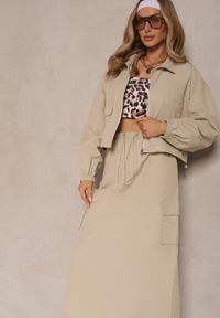 Renee - Jasnobeżowy Komplet z Bawełną Spódnica i Rozpinana Bluza Evorea. Kolor: beżowy. Materiał: bawełna