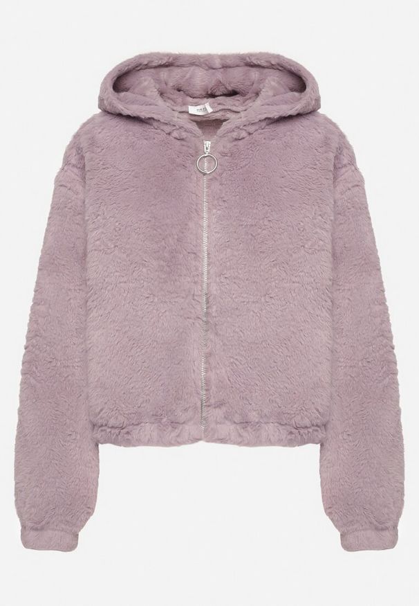 Born2be - Fioletowa Kurtka z Futerka z Kapturem i Ozdobnym Suwakiem Kikiara. Okazja: na co dzień. Typ kołnierza: kaptur. Kolor: fioletowy. Materiał: futro. Styl: elegancki, casual