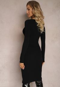 Renee - Czarna Dopasowana Sukienka Midi z Prążkowanej Dzianiny Luxie. Kolor: czarny. Materiał: dzianina, prążkowany. Styl: klasyczny. Długość: midi #3