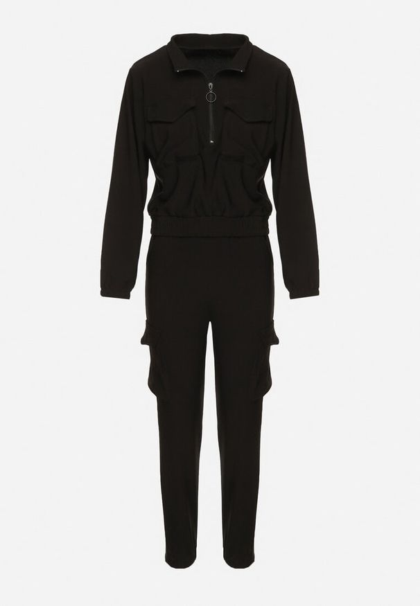 Born2be - Czarny Komplet Dresowy w Stylu Cargo Bluza na Suwak i Joggery Sitene. Kolor: czarny. Materiał: dresówka. Sport: turystyka piesza