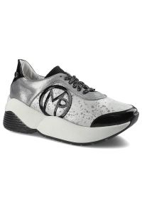 Massimo POLI - Srebrne Sneakersy Massimo Poli Damskie Modne Buty. Kolor: czarny. Materiał: zamsz, materiał, skóra, lakier. Szerokość cholewki: normalna. Obcas: na platformie. Styl: elegancki