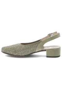 Czółenka damskie Rieker, cholewka z materiału tekstylnego pasek wokół pięty z regulacją na klamrę, zielone, 47060-52. Zapięcie: klamry. Kolor: zielony. Materiał: materiał. Szerokość cholewki: normalna #2