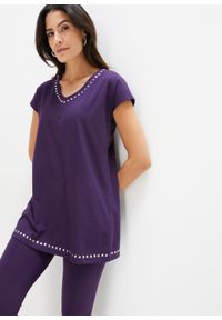 bonprix - Długi shirt. Kolor: fioletowy. Długość: długie. Wzór: aplikacja