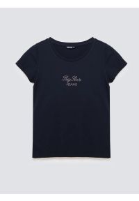 Big-Star - Koszulka damska z napisem z cyrkonii granatowa Malvina 403. Okazja: na co dzień. Kolor: niebieski. Materiał: bawełna, jeans, dzianina. Wzór: napisy. Styl: elegancki, casual, klasyczny