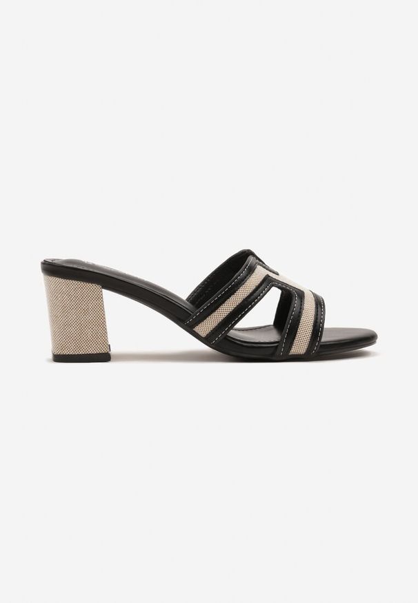 Renee - Czarne Klapki na Słupku z Geometrycznym Wzorem Ervanis. Okazja: na co dzień. Kolor: czarny. Materiał: jeans. Wzór: geometria. Obcas: na słupku. Styl: elegancki, casual