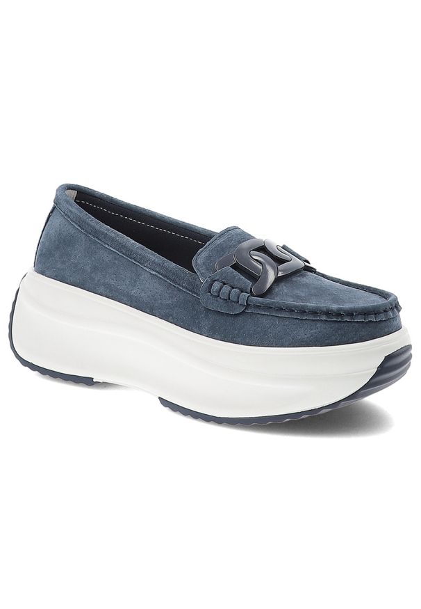 Granatowe Półbuty Filippo Wsuwane Buty Damskie Na Platformie. Okazja: do pracy, na spacer, na co dzień. Zapięcie: bez zapięcia. Kolor: niebieski. Materiał: zamsz, jeans. Obcas: na platformie. Styl: klasyczny, casual, elegancki