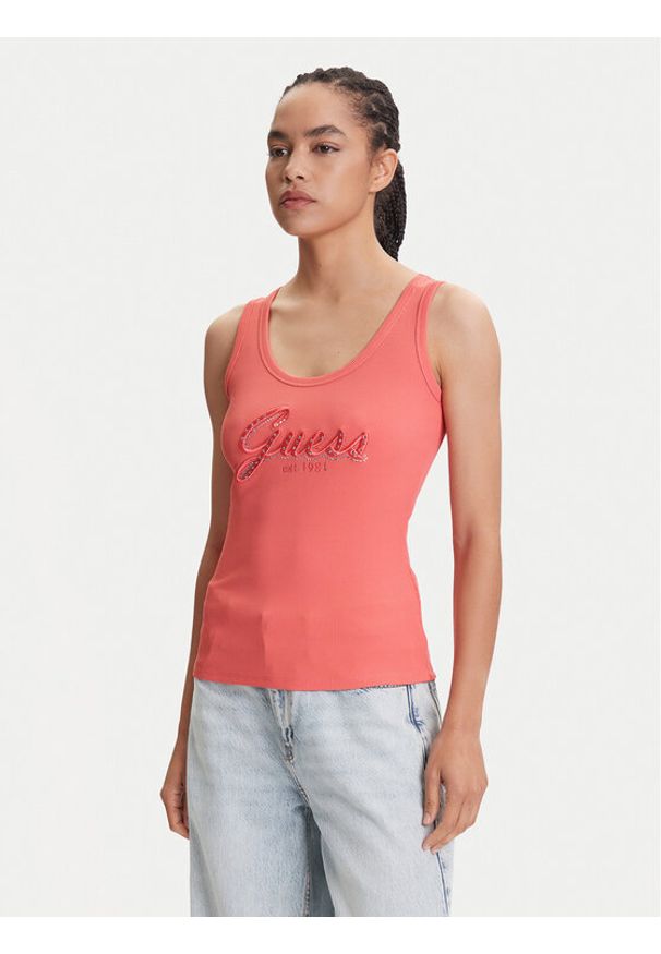 Guess Top W5YP00 KCXJ2 Różowy Regular Fit. Kolor: różowy. Materiał: syntetyk