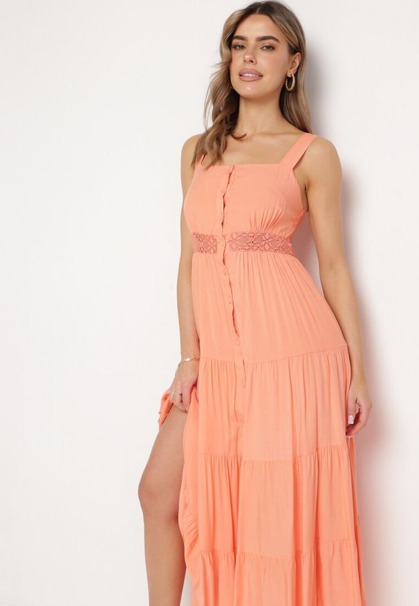 Born2be - Pomarańczowa Sukienka Fahiza. Typ kołnierza: dekolt kwadratowy. Kolor: różowy. Materiał: tkanina, wiskoza. Długość rękawa: na ramiączkach. Wzór: ażurowy, gładki. Sezon: lato. Styl: boho