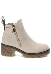 Beżowe Botki Jeep Eleganckie Obuwie Damskie. Okazja: na co dzień. Zapięcie: zamek. Kolor: beżowy. Szerokość cholewki: normalna. Obcas: na obcasie. Styl: elegancki. Wysokość obcasa: średni #4