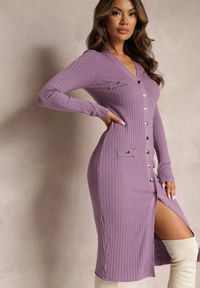Renee - Fioletowa Sweterkowa Sukienka Midi Ehedga. Kolor: fioletowy. Materiał: tkanina, dzianina. Długość: midi #5