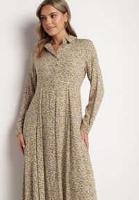 Born2be - Zielono-Beżowa Sukienka Perippe. Kolor: zielony. Wzór: kolorowy, aplikacja, kwiaty, nadruk. Typ sukienki: rozkloszowane, koszulowe. Długość: maxi #3