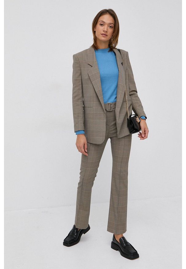BOSS - Boss Spodnie 50463620 damskie kolor beżowy proste high waist. Okazja: na co dzień. Stan: podwyższony. Kolor: beżowy. Materiał: tkanina, poliester, materiał, wiskoza. Styl: casual