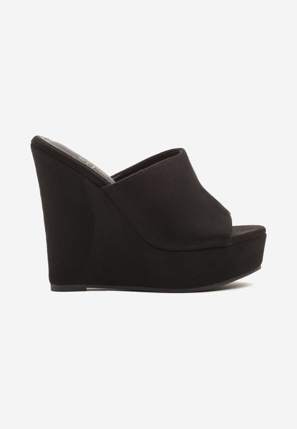 Renee - Czarne Klapki na Koturnie i Platformie Ellirinea. Okazja: na co dzień. Kolor: czarny. Materiał: jeans. Obcas: na koturnie. Styl: casual