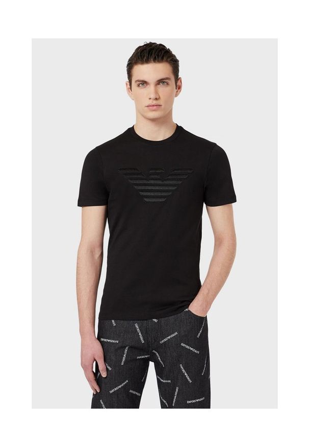 Emporio Armani - EMPORIO ARMANI T-shirt męski, czarny wyszywane logo. Kolor: czarny. Materiał: bawełna, prążkowany. Długość rękawa: krótki rękaw. Długość: krótkie