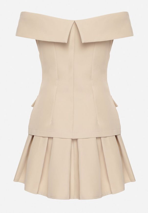 Born2be - Beżowy Komplet Spódnica i Bluzka Hiszpanka z Guzikami i Imitacją Kieszeni Salendrea. Kolor: beżowy. Materiał: jeans