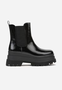Born2be - Czarne Lakierowane Botki Typu Sztyblety na Grubej Podeszwie Tevalma. Okazja: na co dzień. Kolor: czarny. Materiał: lakier. Styl: elegancki, casual #5
