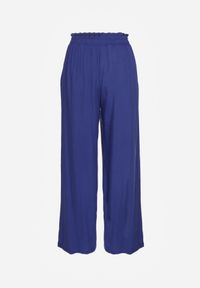 Renee - Granatowe Spodnie z Bawełny Typu Palazzo High Waist z Gumką w Talii Nelsaria. Okazja: na co dzień. Stan: podwyższony. Kolor: niebieski. Materiał: bawełna. Styl: elegancki, casual, wizytowy #2