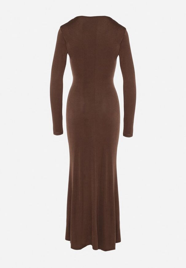 Born2be - Brązowa Sukienka Koktajlowa z Biżuteryjną Aplikacją i Długim Rękawem Idivianne. Kolor: brązowy. Długość rękawa: długi rękaw. Wzór: aplikacja. Typ sukienki: dopasowane. Styl: wizytowy