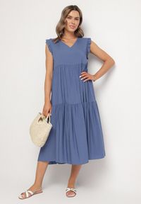 Born2be - Niebieska Bawełniana Sukienka Ozdobiona Falbankami Aveliova. Okazja: na spacer, na imprezę, na co dzień. Typ kołnierza: kołnierz z falbankami. Kolor: niebieski. Materiał: bawełna. Wzór: aplikacja. Typ sukienki: proste. Styl: elegancki, casual. Długość: midi #2