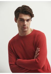 Ochnik - Czerwony sweter męski basic. Okazja: na co dzień. Kolor: czerwony. Materiał: bawełna. Długość: długie. Wzór: ze splotem. Styl: casual #2