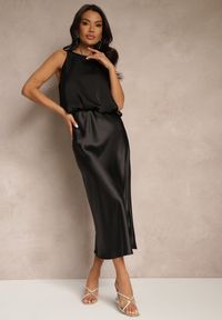 Renee - Czarna Spódnica Satynowa High Waist Pillizze. Okazja: na co dzień. Stan: podwyższony. Kolor: czarny. Materiał: satyna. Styl: elegancki, casual