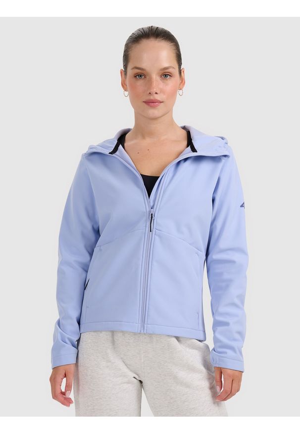 4f - 4F Kurtka softshell wiatroodporna membrana 5000 damska - niebieska XS. Typ kołnierza: kaptur. Kolor: niebieski. Materiał: softshell. Technologia: Windstopper. Sezon: zima