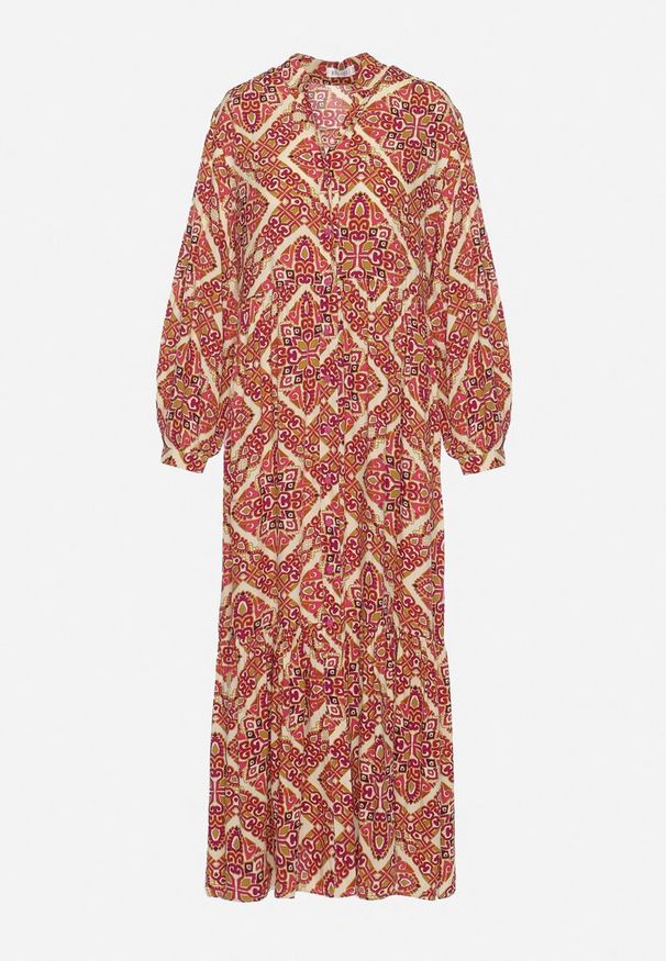 Born2be - Bordowa Rozkloszowana Sukienka z Wiskozy Zapinana na Guziki z Falbanką Nrines. Okazja: na co dzień. Typ kołnierza: dekolt w kształcie V. Kolor: czerwony. Materiał: wiskoza. Długość rękawa: długi rękaw. Styl: casual, elegancki