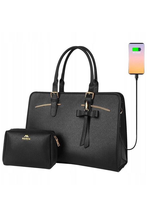 Damska torebka na laptopa z kosmetyczką 15.6'' Matein 1310 Czarna USB. Kolor: czarny