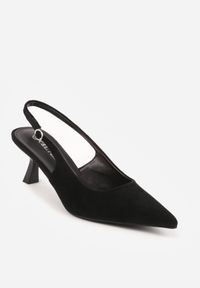 Renee - Czarne Czółenka Slingback na Kaczuszce z Imitacji Zamszu Mairiko. Nosek buta: szpiczasty. Zapięcie: sprzączka. Kolor: czarny. Materiał: zamsz. Sezon: lato. Obcas: na szpilce. Wysokość obcasa: średni #6