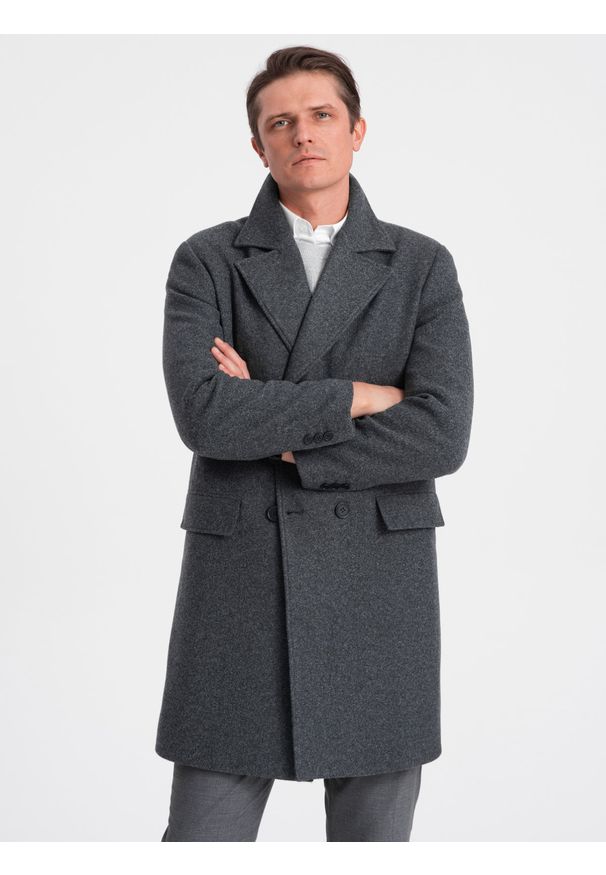Ombre Clothing - Dwurzędowy męski płaszcz z podszewką - grafitowy V2 - Rozmiar: XXL. Typ kołnierza: kołnierz rewers. Kolor: szary. Materiał: poliester