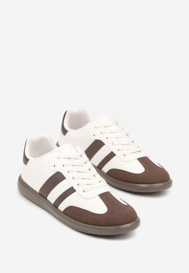 Renee - Beżowo-Brązowe Casualowe Sneakersy na Płaskiej Podeszwie z Paskami Jereria. Okazja: na co dzień. Zapięcie: pasek. Kolor: beżowy. Materiał: jeans. Obcas: na płaskiej podeszwie