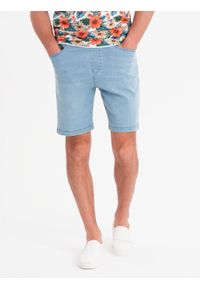Ombre Clothing - Szorty męskie z gumką w pasie i efektem sprania – jasnoniebieskie V1 OM-SRDS-0192 - XXL. Okazja: na co dzień. Kolor: niebieski. Materiał: bawełna, materiał, skóra, elastan, denim. Sezon: lato. Styl: elegancki, casual