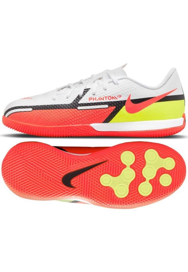 Buty piłkarskie Nike Phantom GT2 Academy Ic Jr DC0816 167 żółty, wielokolorowy białe. Zapięcie: sznurówki. Kolor: wielokolorowy, żółty. Materiał: syntetyk, guma. Szerokość cholewki: normalna. Sport: piłka nożna