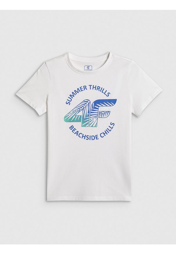 4f - 4F T-shirt loose z nadrukiem chłopięcy - biały 146 (10-11 lat). Okazja: na co dzień, na uczelnię. Kolor: biały. Materiał: dzianina, materiał, dresówka, bawełna, skóra. Wzór: nadruk. Sezon: lato. Styl: casual