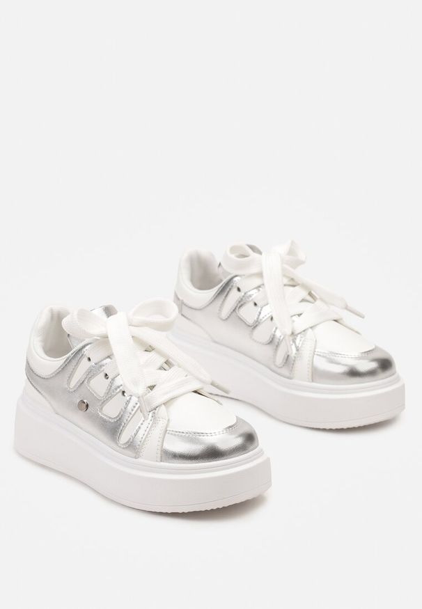 Born2be - Biało-Srebrne Sneakersy na Platformie Revin. Kolor: biały. Obcas: na platformie