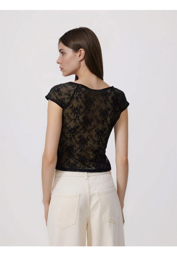 Reserved - Koronkowa bluzka z wiązaniem - czarny. Kolor: czarny. Materiał: koronka