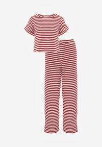 Renee - Beżowo-Czerwony Komplet z Dzianiny w Paski z Bawełną Bluzka z Krótkim Rękawem i Spodnie Akiseithe. Kolor: beżowy. Materiał: bawełna, dzianina. Wzór: paski #5