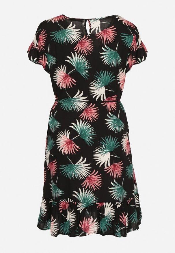 Born2be - Czarno-Zielona Bawełniana Sukienka z Florystycznym Motywem i Wiązaniem w Talii Rissani. Okazja: na randkę. Kolor: czarny. Materiał: bawełna. Sezon: lato