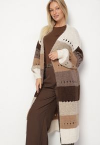 Born2be - Beżowy Długi Kardigan Ażurowy w Paski z Domieszką Wełny i Wiskozy Ilomine. Okazja: na spotkanie biznesowe, na co dzień. Kolor: beżowy. Materiał: wełna, wiskoza. Długość: długie. Wzór: ażurowy, paski. Styl: biznesowy, casual