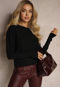 Renee - Czarny Sweter z Modalem i Wiskozą Ozdobiony Tłoczeniem Liliti. Okazja: na co dzień. Kolor: czarny. Materiał: wiskoza. Długość rękawa: długi rękaw. Długość: długie. Wzór: aplikacja. Styl: casual, elegancki #4