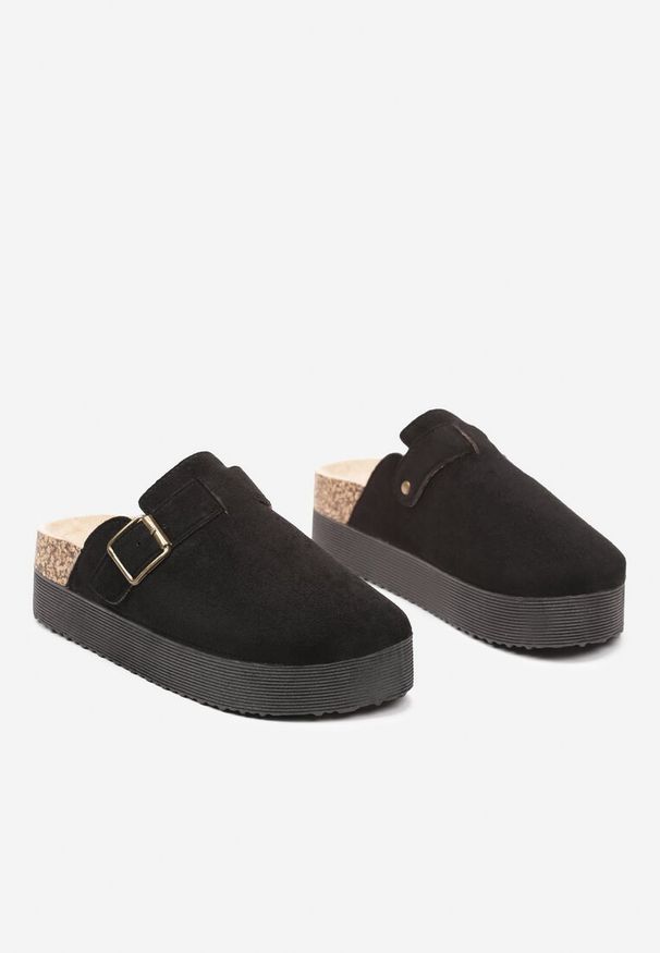 Born2be - Czarne Klapki Chodaki w Stylu Muli z Korkową Grubą Podeszwą Uvelle. Okazja: na co dzień. Kolor: czarny. Materiał: len. Styl: elegancki, wizytowy, casual