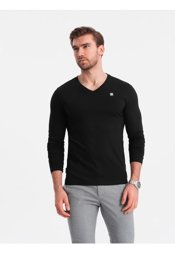 Ombre Clothing - Longsleeve męski z elastanem sygnowany z dekoltem w serek - czarny V3 - Rozmiar: XXL. Okazja: na co dzień. Typ kołnierza: dekolt w serek. Kolor: czarny. Materiał: elastan. Długość rękawa: długi rękaw. Wzór: gładki, jednolity. Styl: klasyczny, casual