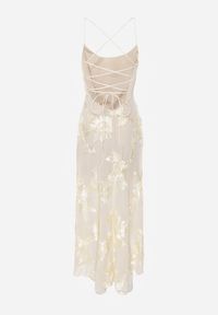 Renee - Beżowa Wieczorowa Sukienka z Siateczki z Gorsetowym Wiązaniem na Plecach Cezenna. Okazja: na co dzień. Typ kołnierza: dekolt gorset. Kolor: beżowy. Wzór: aplikacja, kwiaty. Typ sukienki: gorsetowe. Styl: wizytowy #6