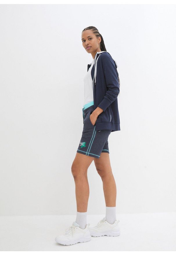 bonprix - Szorty dresowe z materiału z bawełną. Kolor: niebieski. Materiał: bawełna, materiał, dresówka. Wzór: prążki, haft