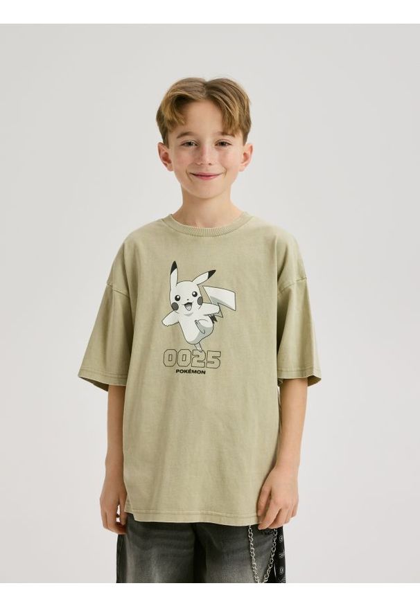 Reserved - Bawełniany t-shirt Pokemon - beżowy. Kolor: beżowy. Materiał: bawełna