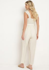 Born2be - Jasnobeżowy Wiskozowy Kombinezon na Ramiączkach z Materiałowym Paskiem i Gumkami w Talii Zadia. Kolor: beżowy. Materiał: wiskoza, materiał. Długość rękawa: na ramiączkach #5